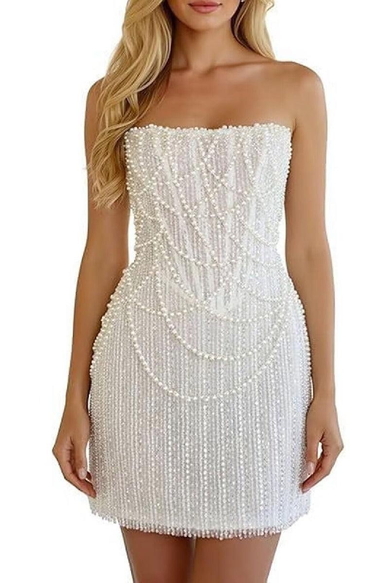 Sheath-Column Strapless Short Pearls Sequin Little White Dress CS1075CW - 15 Days / Ivory-Short / US0-UK2-EUR30 - COCOMELODY